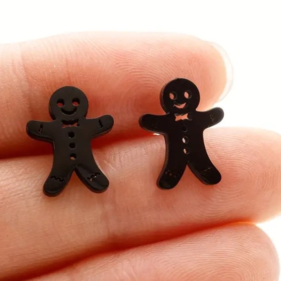 Gingerbread Man Christmas Holiday Black Stud Earrings - Picture 1 of 1